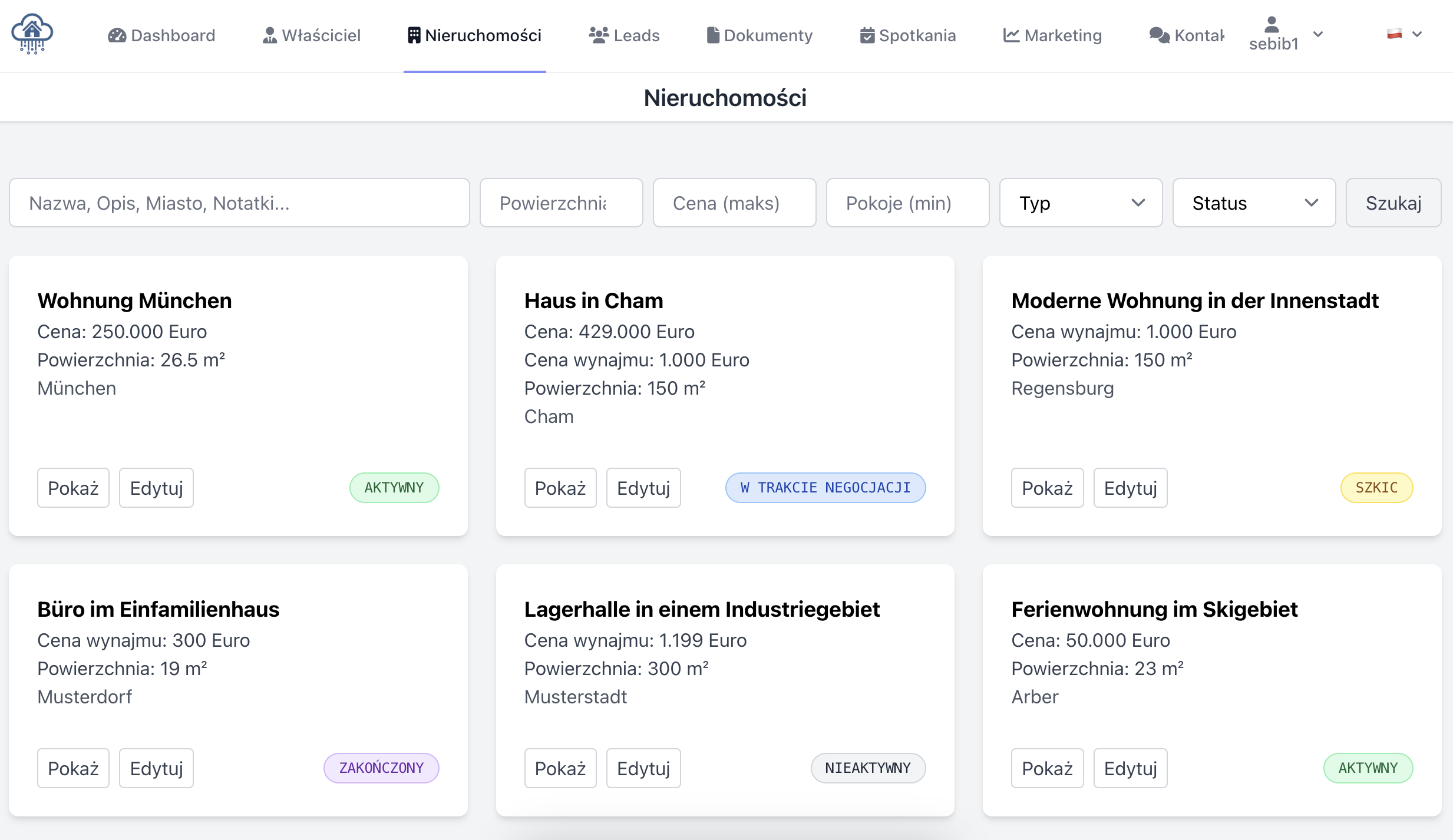 Przegląd zarządzania nieruchomościami w PropertyCloudCRM z opcjami filtrów i wyświetlaniem statusu.