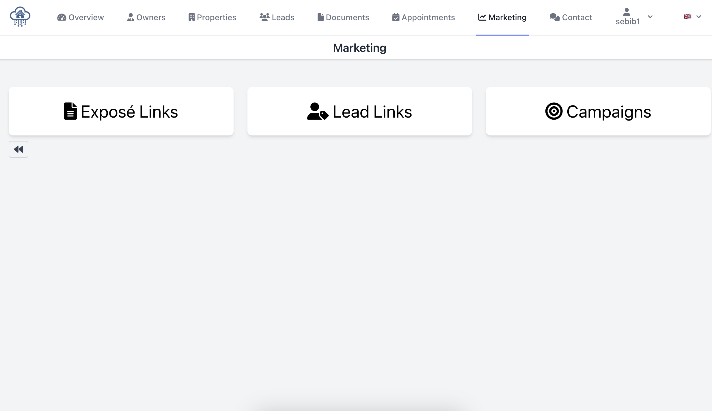 Marketing dashboard in PropertyCloudCRM with exposé links, lead management and campaign control.
