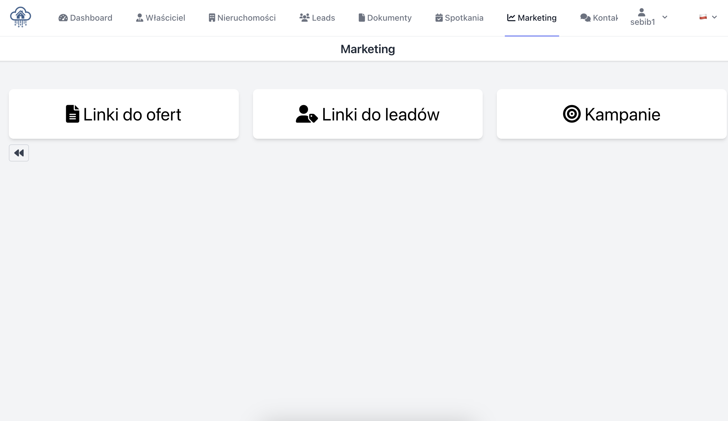 Panel marketingowy w PropertyCloudCRM z linkami do ofert, zarządzaniem potencjalnymi klientami i kontrolą kampanii.